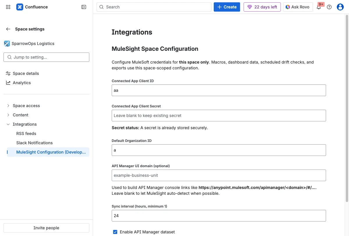 Space settings integration entry