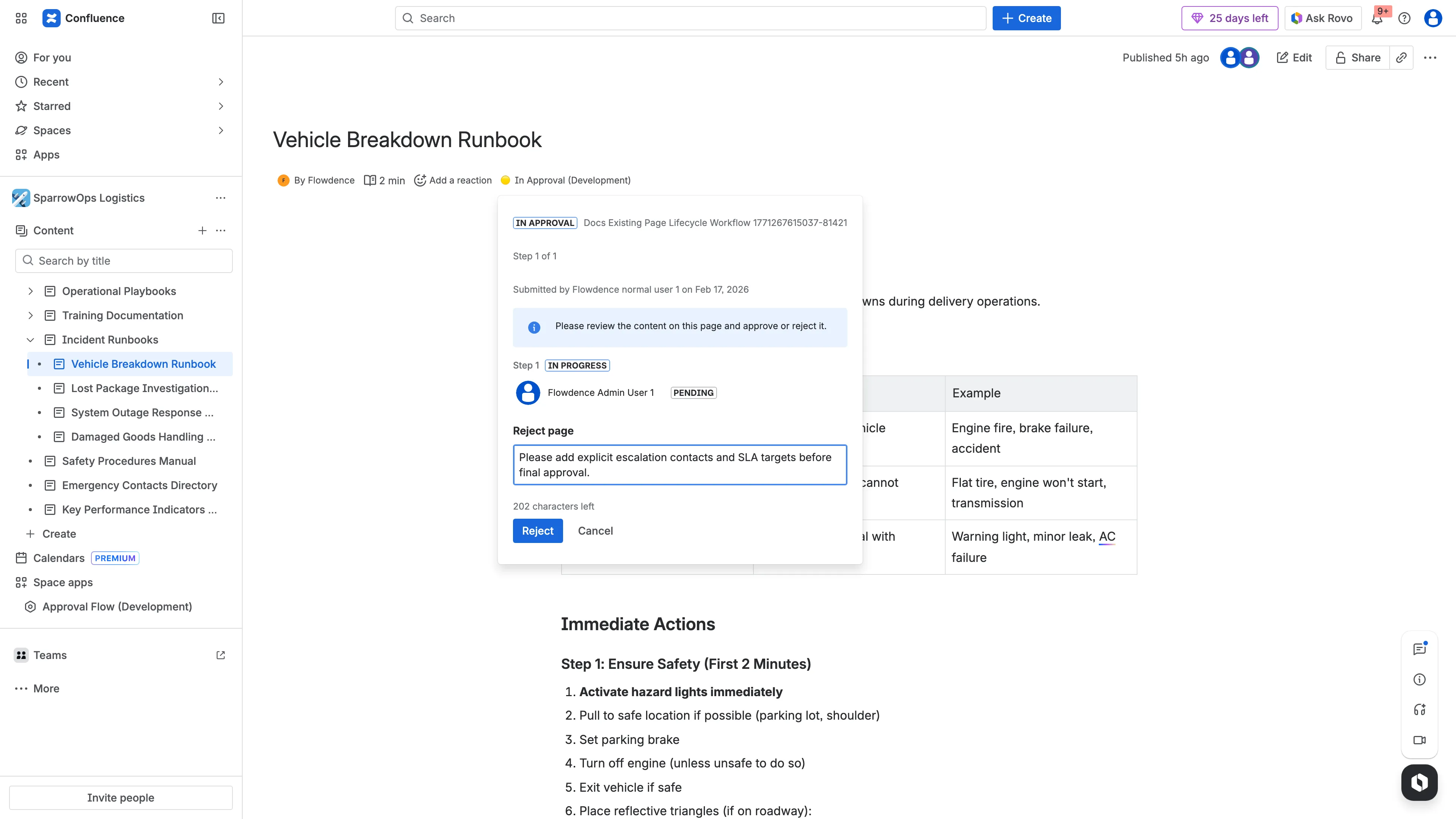 Approver enters reject comment