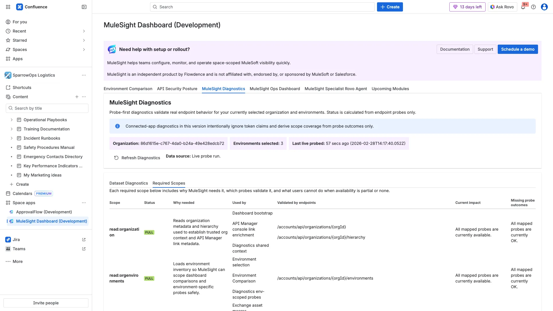 MuleSight Diagnostics required scopes view